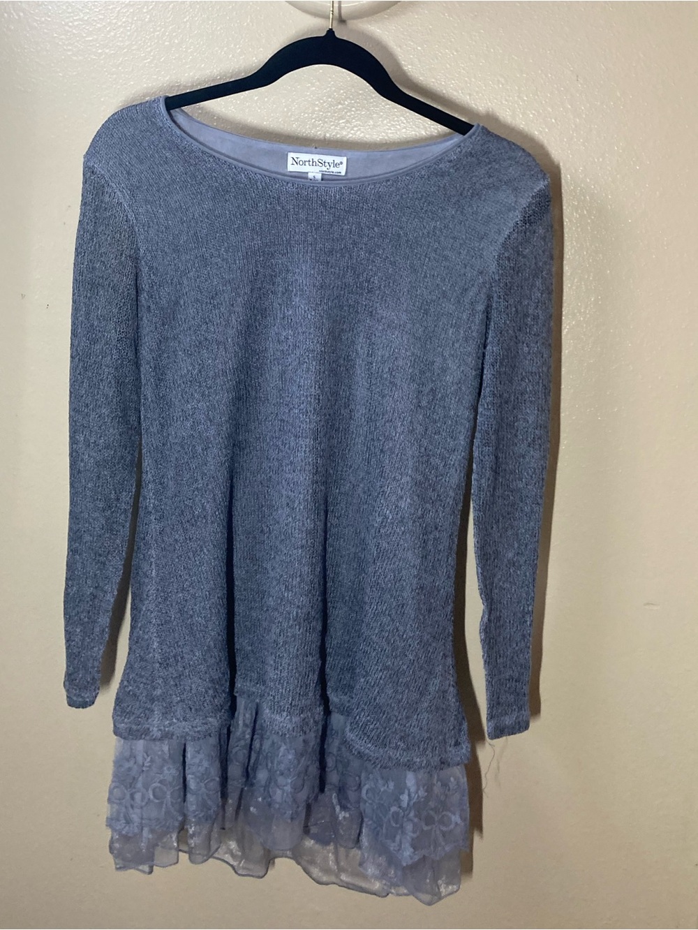 NorthStyle Gray Long Sleeve Knit Tunic With Delicate Feminine Lace Ruffle Hem